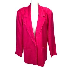 Vintage 90s Women Boyfriend Blazer Linen Blend Hot Pink Size 12 Long Lined